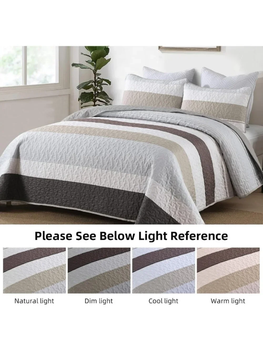 Cozy Grey Boho Quilt Set Queen Size | Lightweight Striped Patchwork Bedspread
